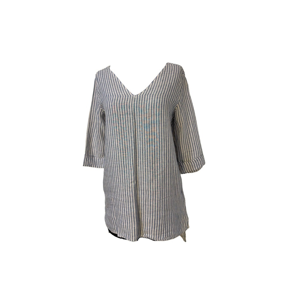 Tahari Women Blue White Stripes Linen Tunic Top Small High Low V-Neck 3/4 Sleeve